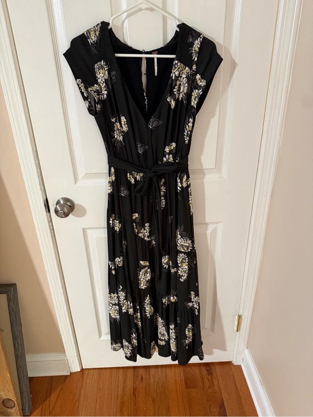 Free People Black Floral Maxi Dress with Tie Waist